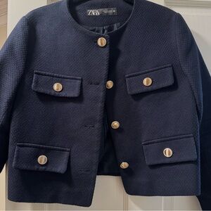 Zara Dark Blue Textured Jacket with Gold Accents